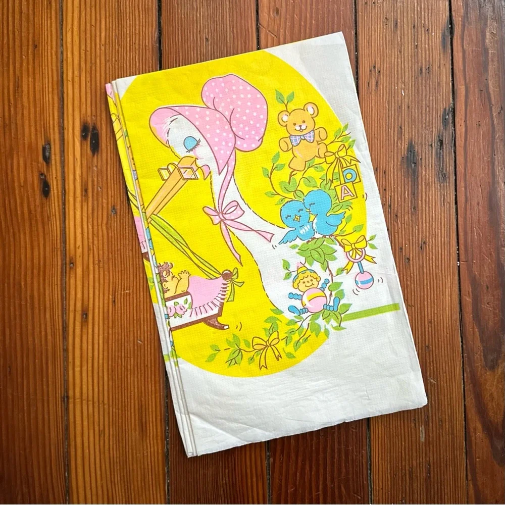 NOS Deadstock Vintage 70s baby shower paper table cloth 52 x 96”